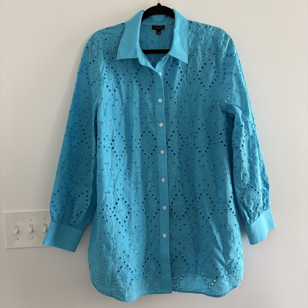 Talbots Eyelet Blouse Size L Cotton Boyfriend Beach Shirt Long Sleeve Button Up
